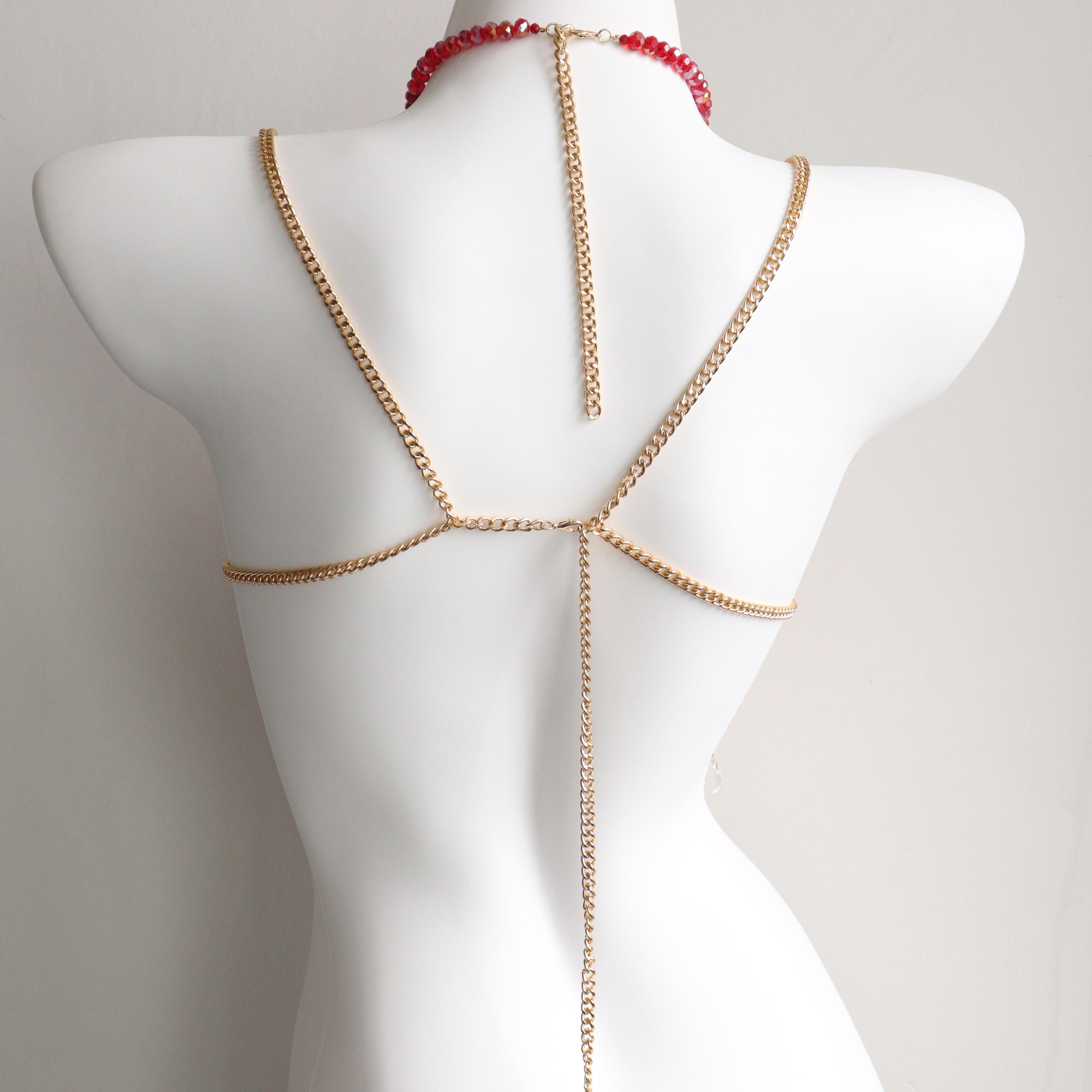 Soutien-gorge perlé rouge fait main, chaîne de corps, idéal pour les sirènes, les créatures marines, le burlesque et les festivals rave.
