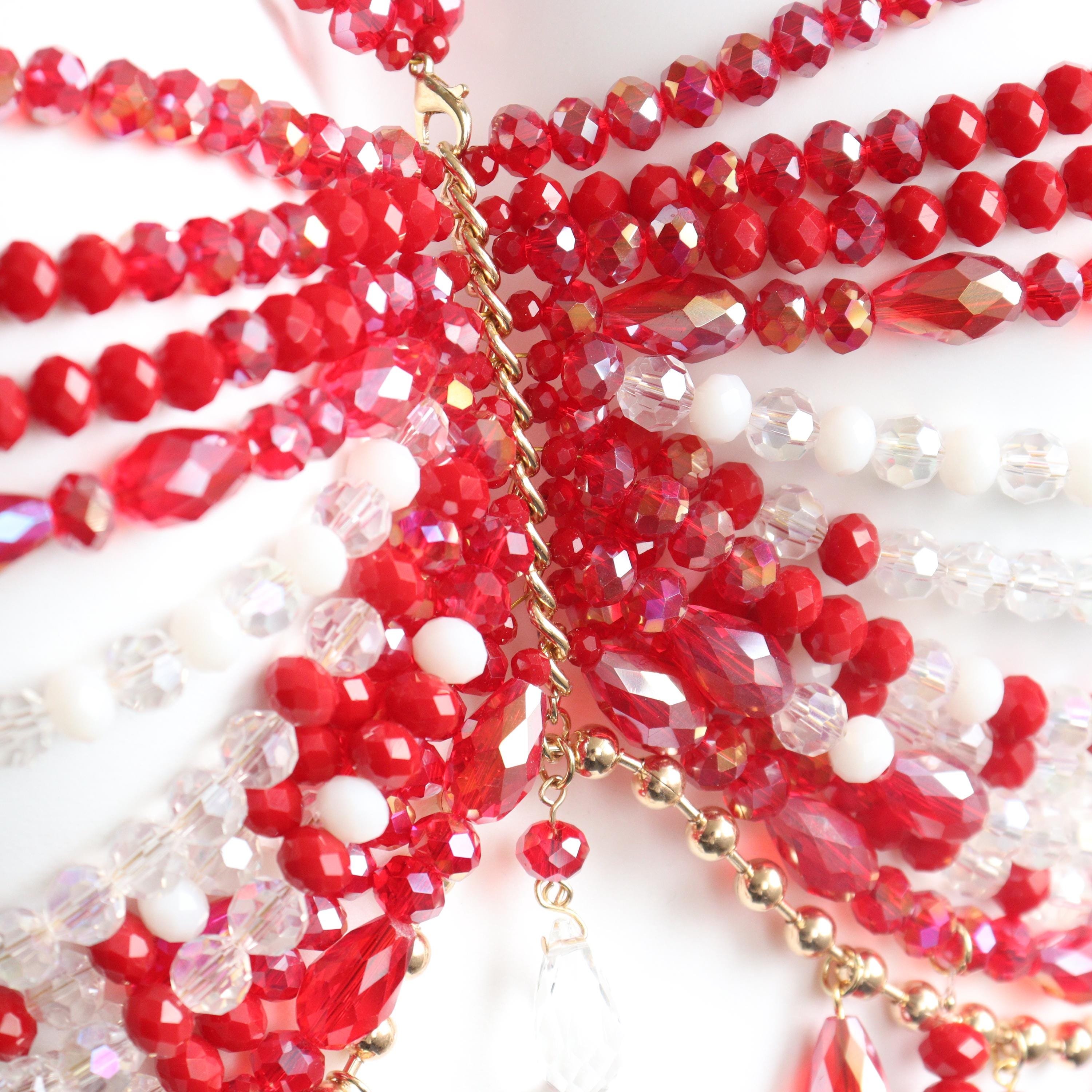 Sujetador de cuentas rojo hecho a mano, cadena para el cuerpo, ideal para sirenas, burlesque y festivales de rave