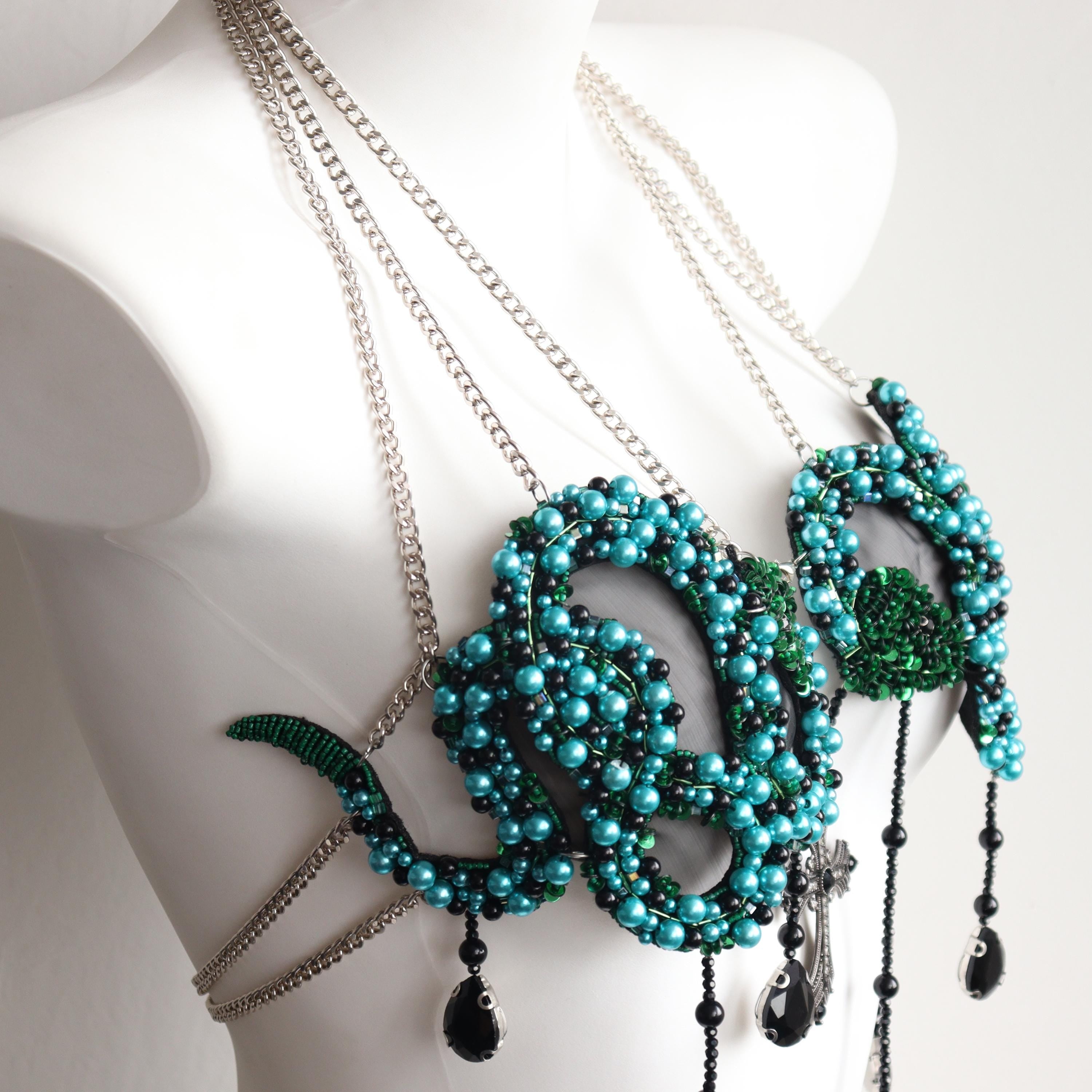 Top de cadena corporal de serpiente con cuentas turquesa, top gótico de cruz para festival rave, burlesque, Halloween
