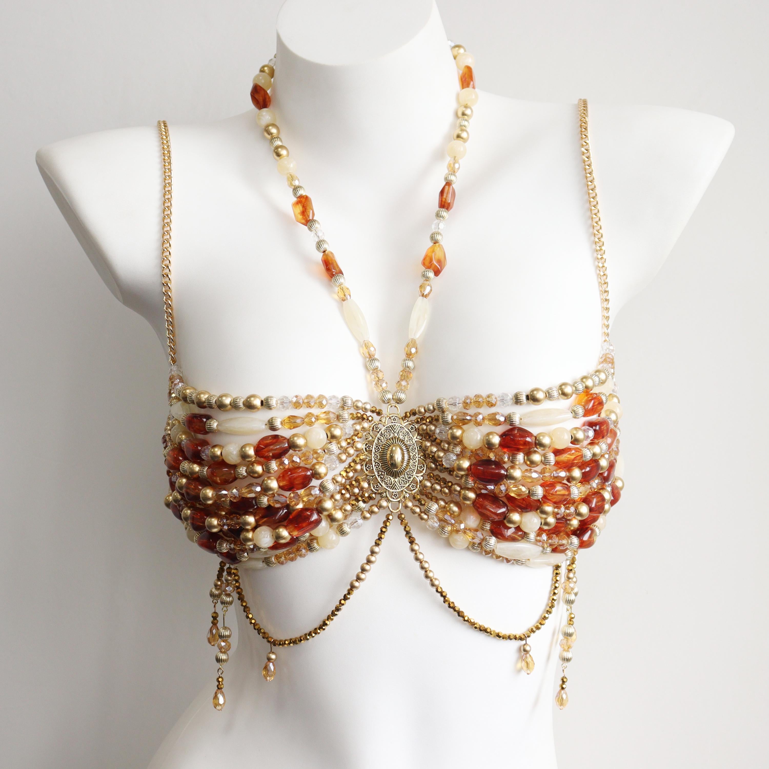Top de sujetador de cuentas de color ámbar hecho a mano, joyería de cadena para el cuerpo para sirenas, burlesque, festivales, raves