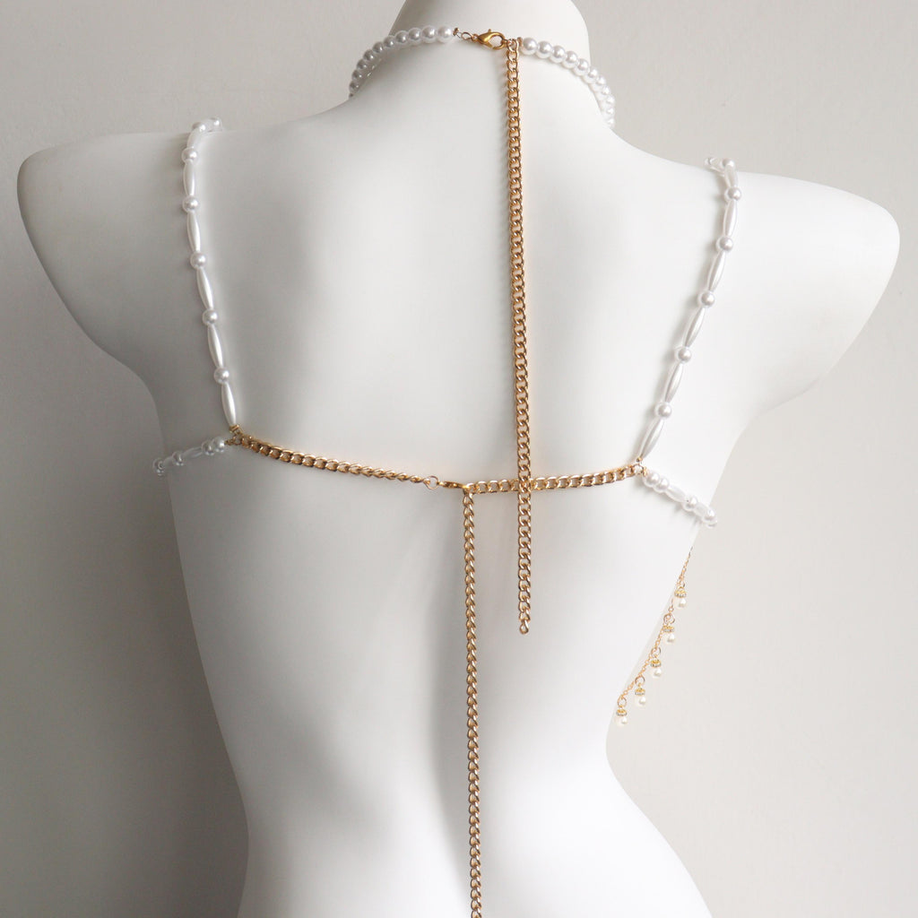 Sujetador de cuentas doradas hecho a mano, cadena para el cuerpo, ideal para sirenas, burlesque y festivales rave