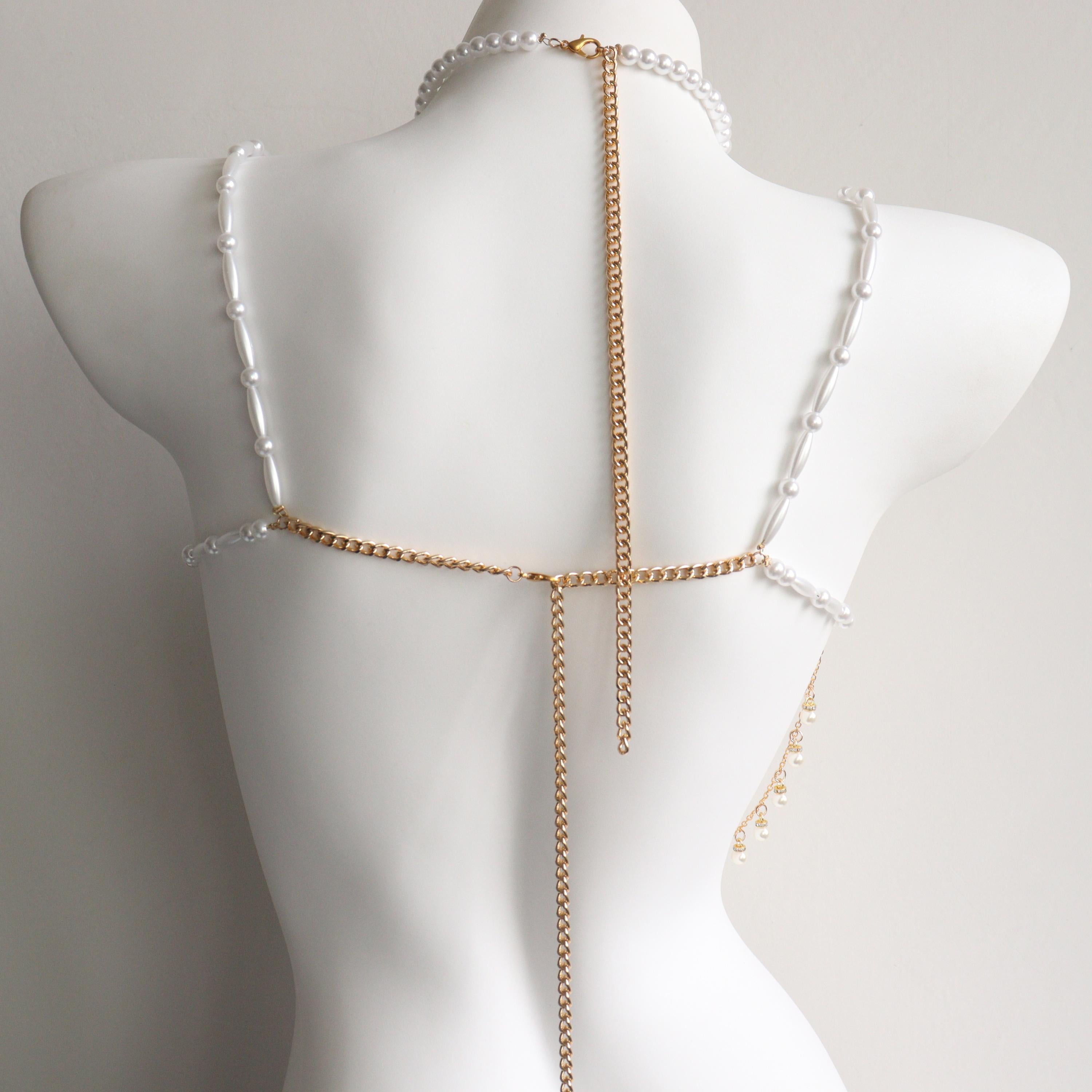 Sujetador de cuentas doradas hecho a mano, cadena para el cuerpo, ideal para sirenas, burlesque y festivales rave