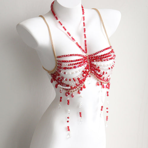 Handmade Red Beaded Bra, Body Chain, Ideal for Sirens, Mermaids, Burlesque, and Rave Festivals