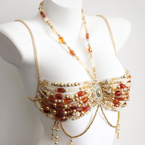Handmade Amber Brown Beaded Bra Top, Body Chain Jewelry for Mermaids Burlesque Rave Festivals