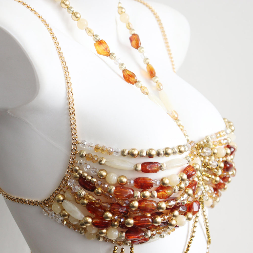 Soutien-gorge perlé marron ambré fait main, bijoux de corps chaîne pour sirènes Burlesque Rave Festivals