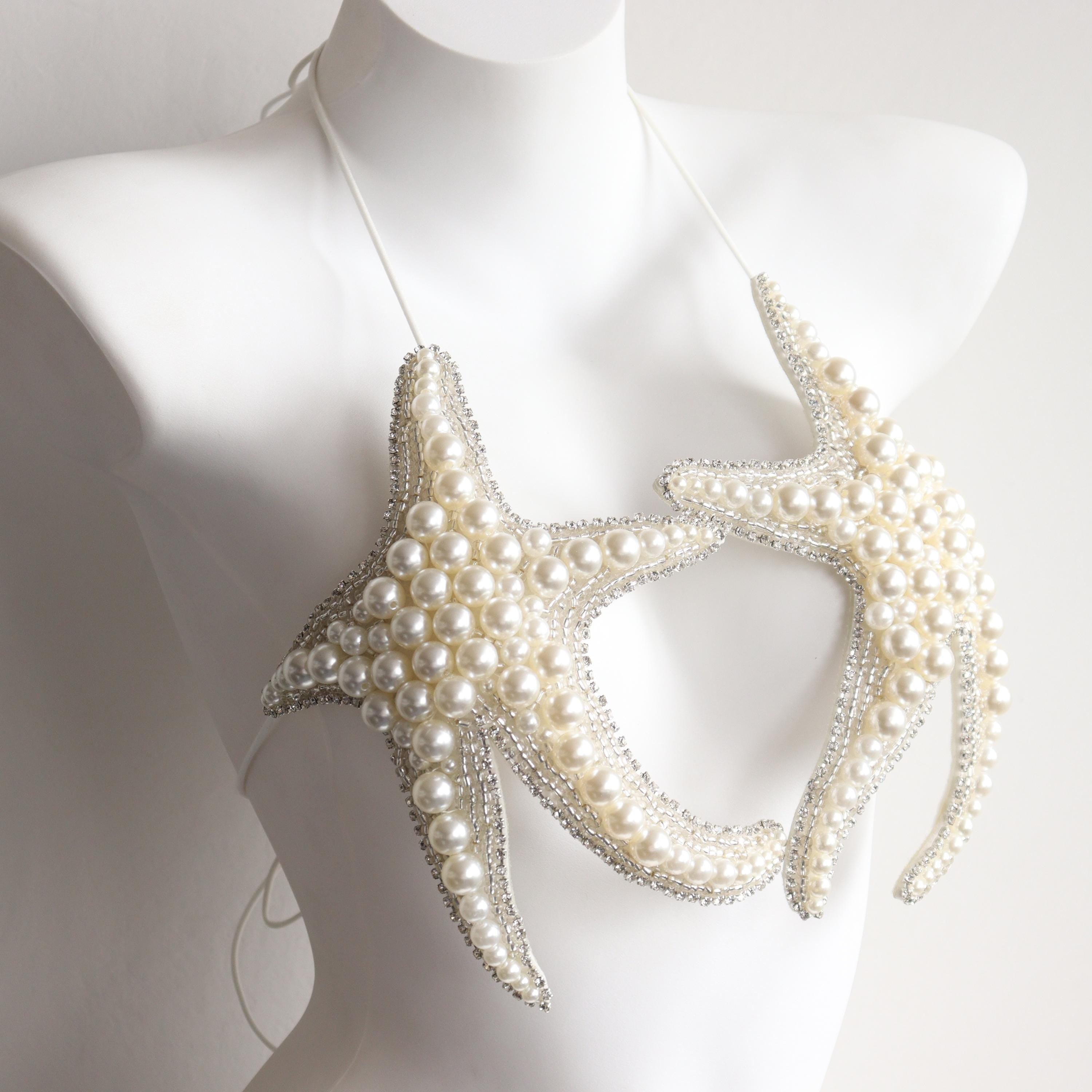 Handmade Pearl Sea Star Beaded Bra, Body Chain, Festival Rave Wear