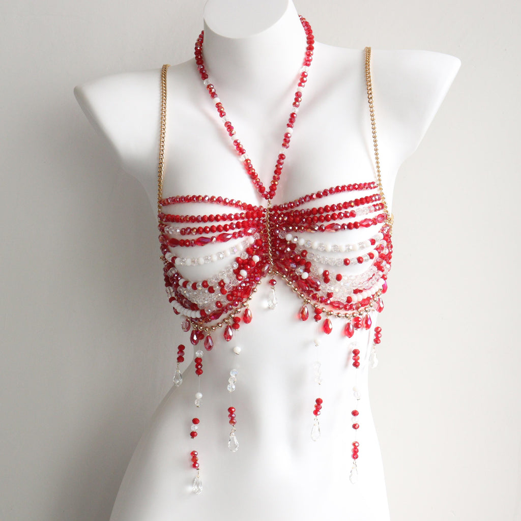 Soutien-gorge perlé rouge fait main, chaîne de corps, idéal pour les sirènes, les créatures marines, le burlesque et les festivals rave.