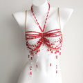 Soutien-gorge perlé rouge fait main, chaîne de corps, idéal pour les sirènes, les créatures marines, le burlesque et les festivals rave.