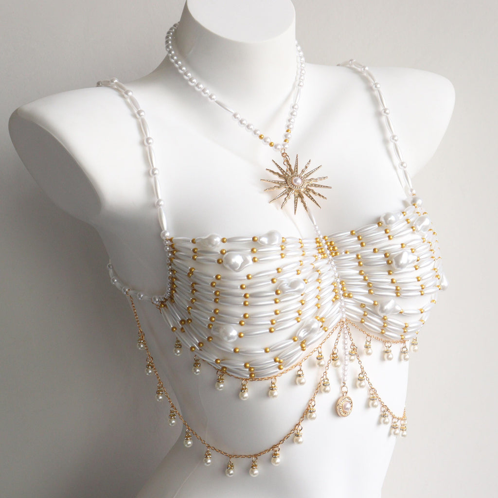 Sujetador de cuentas doradas hecho a mano, cadena para el cuerpo, ideal para sirenas, burlesque y festivales rave