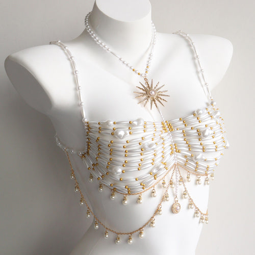 Handmade Gold Beaded Bra, Body Chain, Ideal for Sirens, Mermaids, Burlesque, and Rave Festivals
