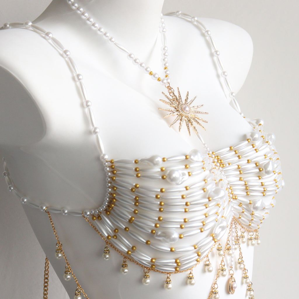 Sujetador de cuentas doradas hecho a mano, cadena para el cuerpo, ideal para sirenas, burlesque y festivales rave