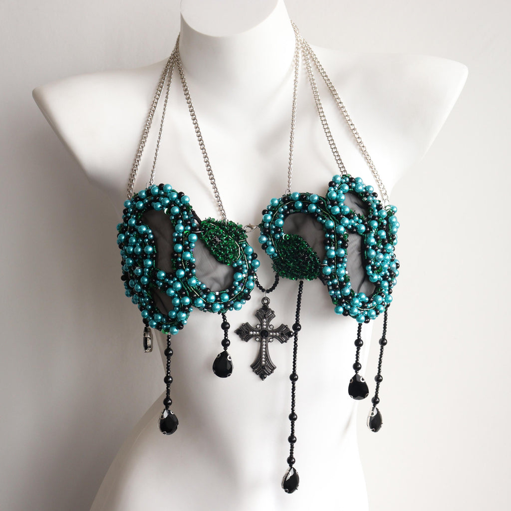 Top de cadena corporal de serpiente con cuentas turquesa, top gótico de cruz para festival rave, burlesque, Halloween