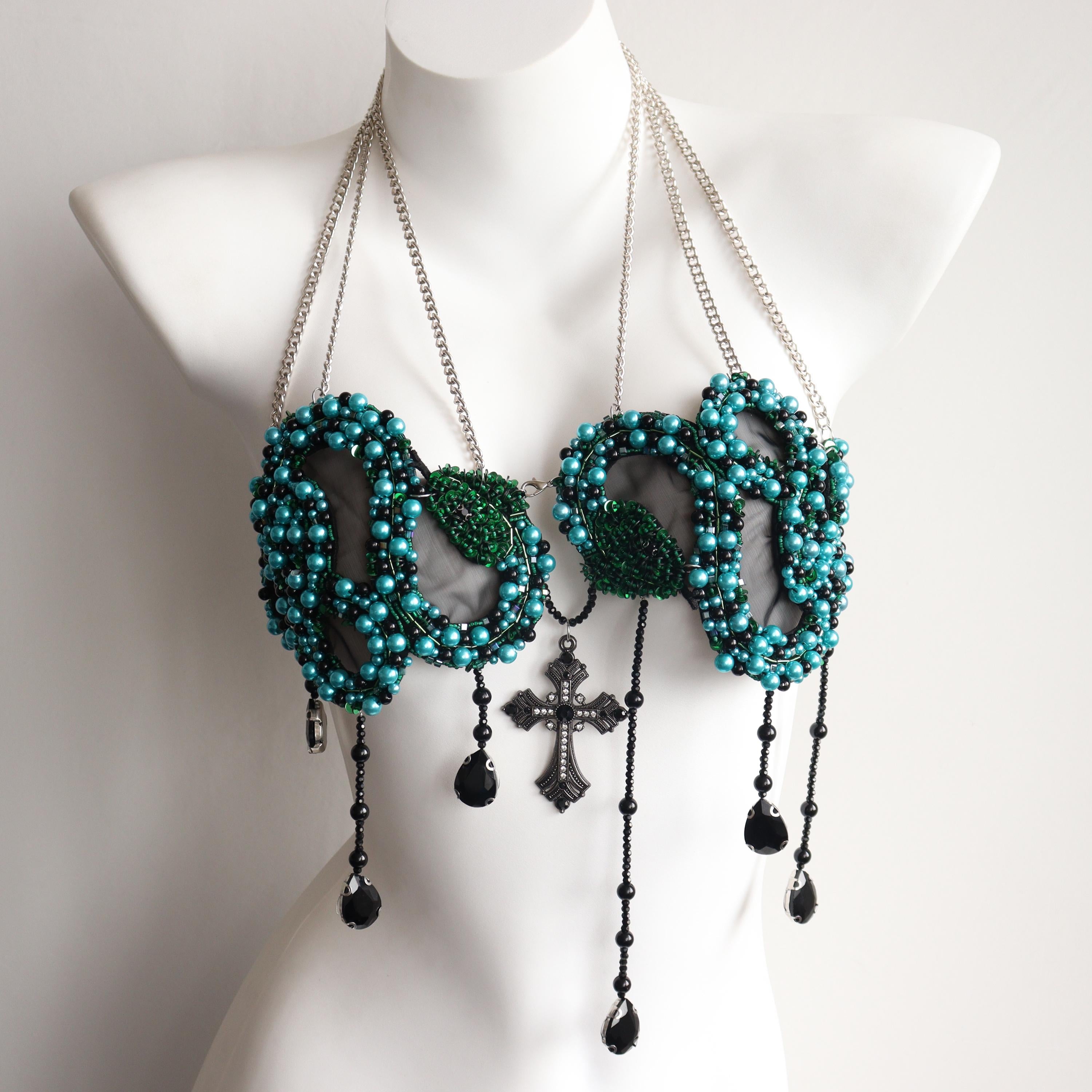 Top de cadena corporal de serpiente con cuentas turquesa, top gótico de cruz para festival rave, burlesque, Halloween