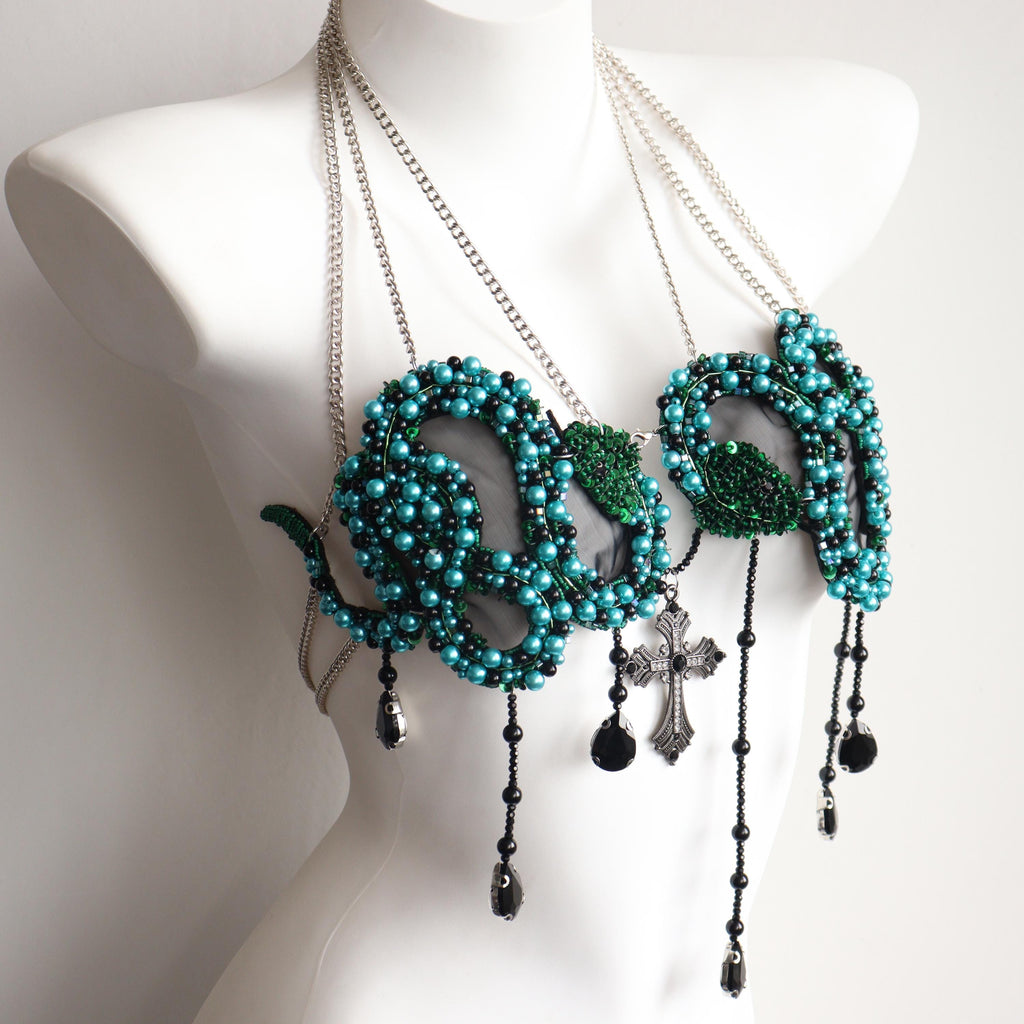 Top de cadena corporal de serpiente con cuentas turquesa, top gótico de cruz para festival rave, burlesque, Halloween