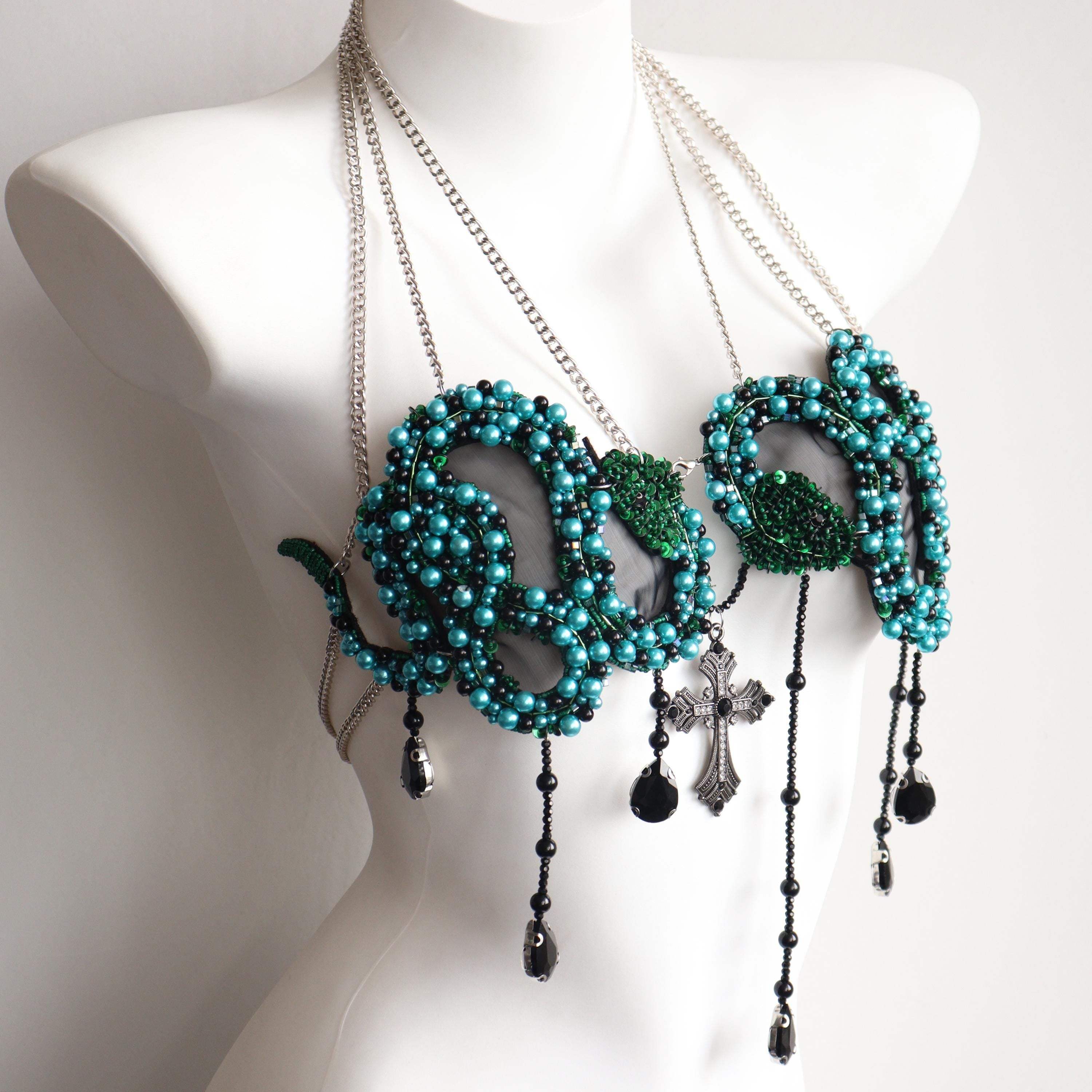 Top de cadena corporal de serpiente con cuentas turquesa, top gótico de cruz para festival rave, burlesque, Halloween