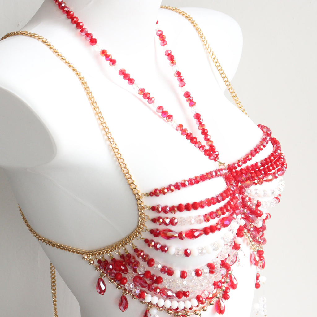 Soutien-gorge perlé rouge fait main, chaîne de corps, idéal pour les sirènes, les créatures marines, le burlesque et les festivals rave.